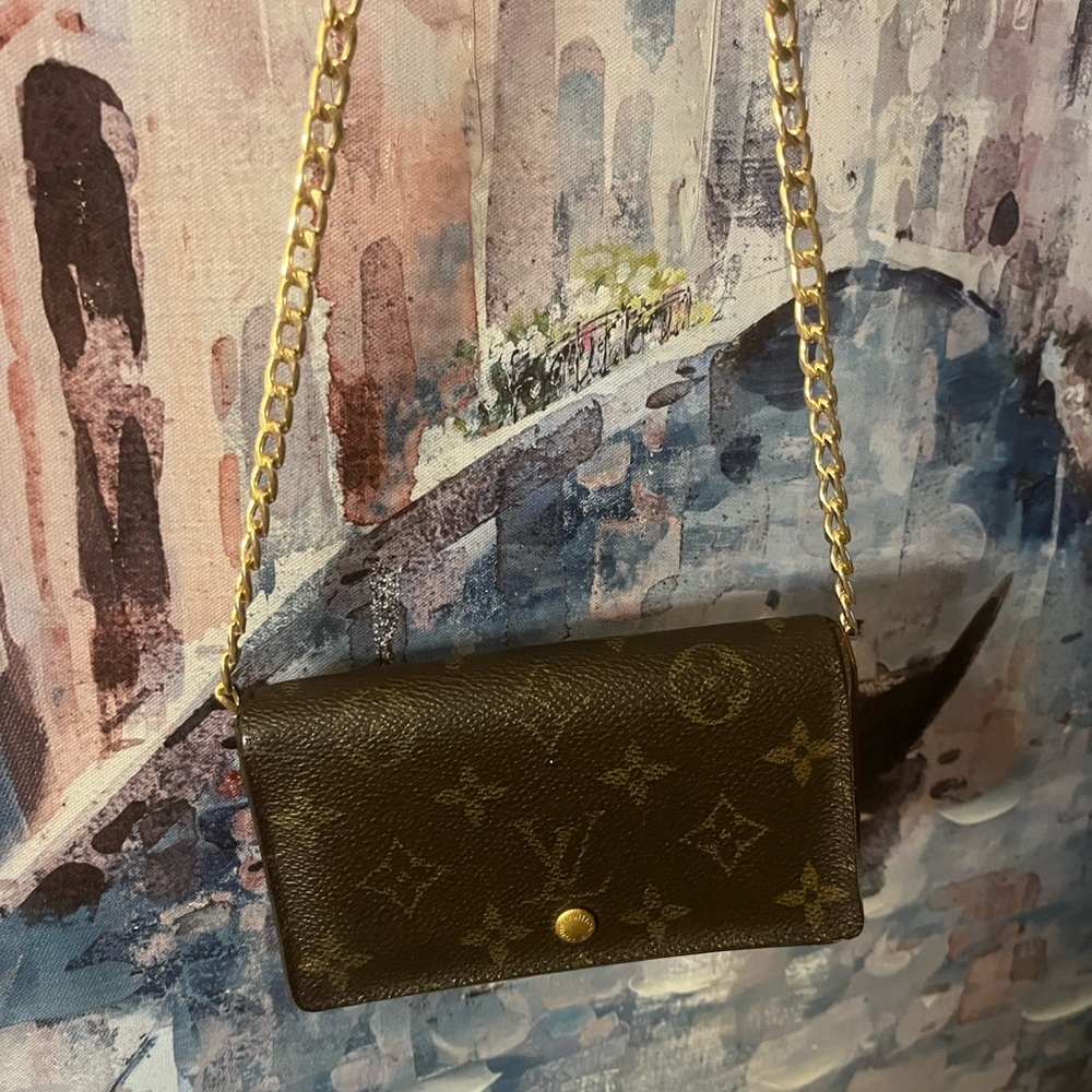 Louis Vuitton Brown Monogram Chain Wallet with Gold Hardware